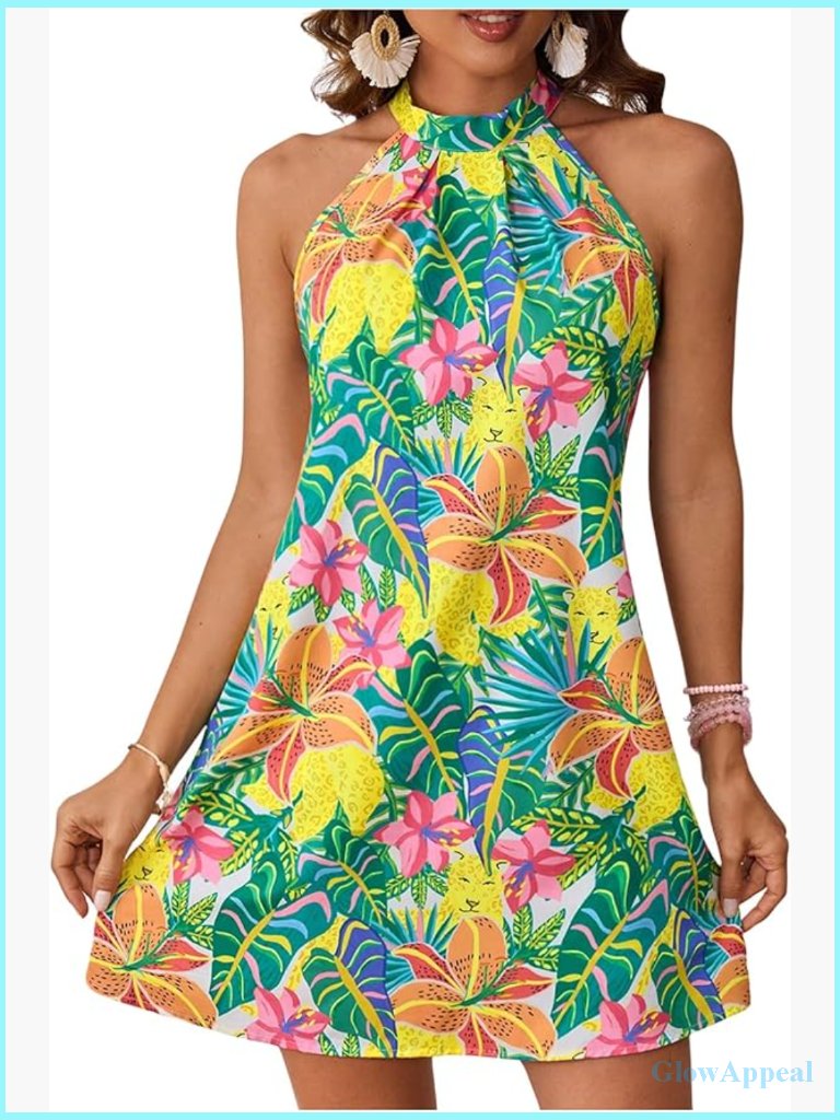 Sleeveless Floral Sundress Halter Neck A-Line Tie Back Mini